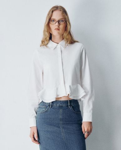  URBAN REVIVO - Áo sơ mi nữ cổ bẻ tay dài Bubble Hem Straight 