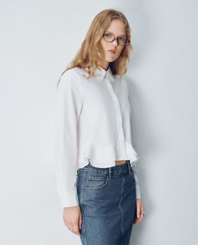  URBAN REVIVO - Áo sơ mi nữ cổ bẻ tay dài Bubble Hem Straight 