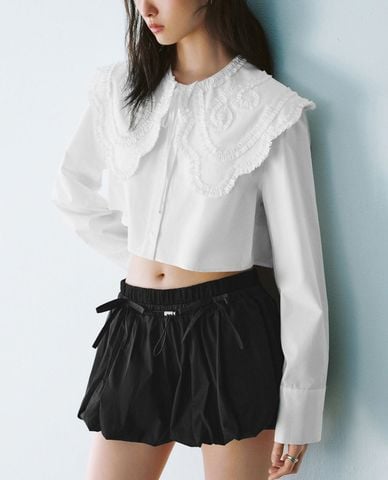  URBAN REVIVO - Áo sơ mi nữ cổ tròn phom croptop 