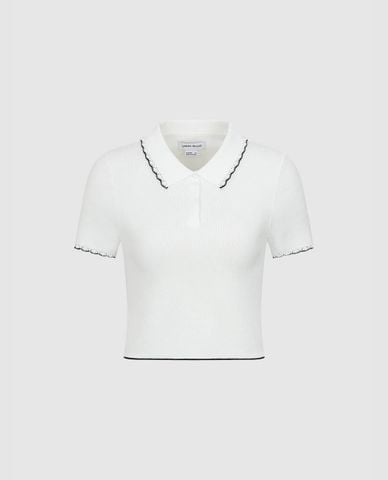  URBAN REVIVO - Áo croptop nữ cổ tròn tay ngắn phối viền 