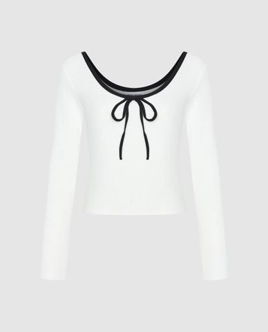  URBAN REVIVO - Áo thun nữ tay dài phom ôm phối nơ nữ tính 