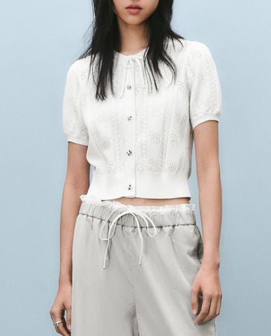  URBAN REVIVO - Áo dệt kim nữ cổ bẻ tay ngắn 