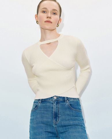  URBAN REVIVO - Áo dệt kim nữ tay dài phom ôm Keyhole 