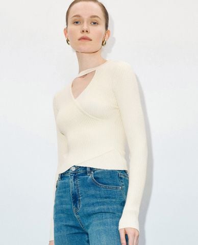  URBAN REVIVO - Áo dệt kim nữ tay dài phom ôm Keyhole 