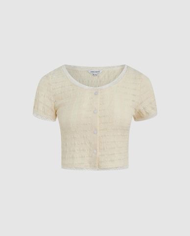  URBAN REVIVO - Áo croptop nữ cổ vuông tay ngắn viền ren 