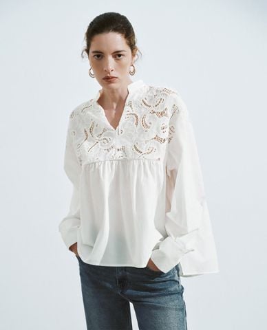  URBAN REVIVO - Áo kiểu nữ cổ V tay dài phối ren thời trang 