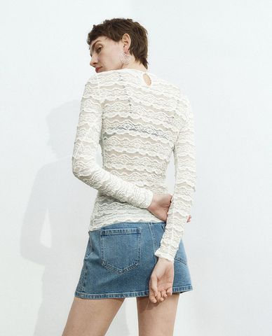  URBAN REVIVO - Áo kiểu nữ cổ tròn tay dài Sheer Skinny 