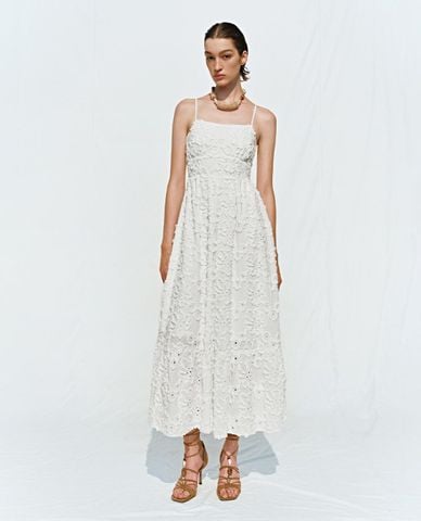  URBAN REVIVO - Đầm hai dây midi phối ren thanh lịch 