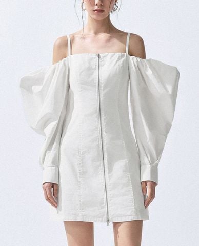  URBAN REVIVO - Đầm trễ vai mini phom ôm tay bồng Zipper Front 