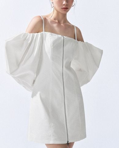  URBAN REVIVO - Đầm trễ vai mini phom ôm tay bồng Zipper Front 