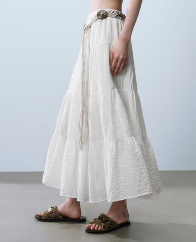  URBAN REVIVO - Chân váy xếp tầng midi A Line 