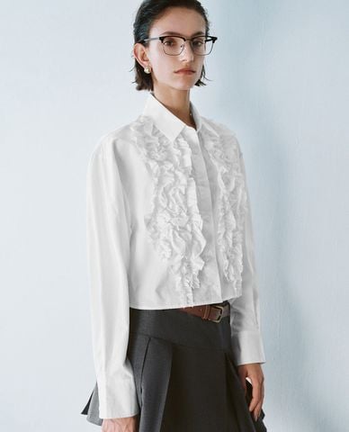  URBAN REVIVO - Áo sơ mi nữ cổ bẻ tay dài phom croptop 