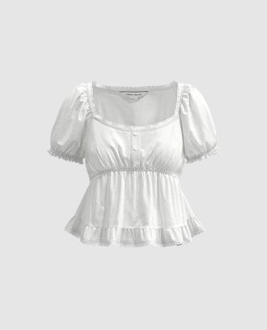  URBAN REVIVO - Áo kiểu nữ cổ vuông tay phồng Ruffle 