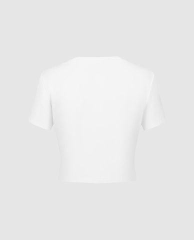  URBAN REVIVO - Áo croptop nữ cổ tròn tay ngắn in hoa 