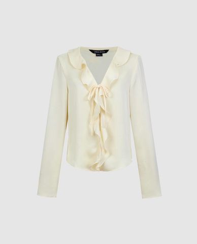  URBAN REVIVO - Áo kiểu nữ cổ V phối bèo nhún 