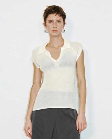  URBAN REVIVO - Áo dệt kim nữ cổ bẻ tay ngắn Lapel 