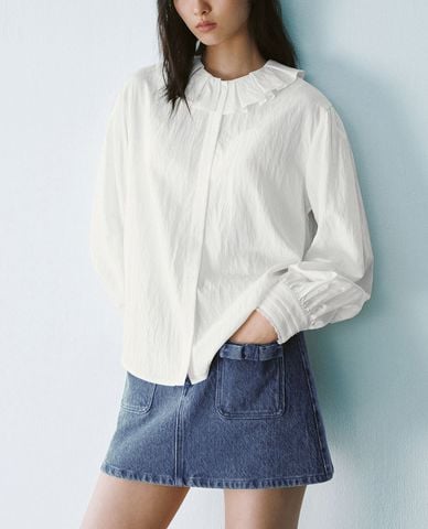  URBAN REVIVO - Áo sơ mi nữ cổ tròn tay dài Loose 