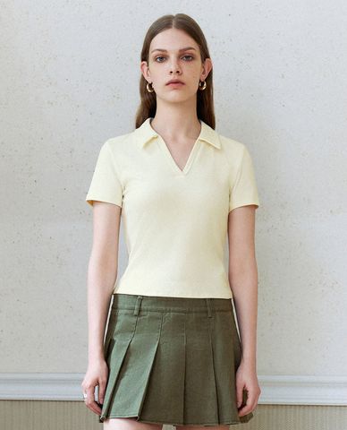  URBAN REVIVO - Áo thun nữ cổ bẻ tay ngắn thanh lịch 