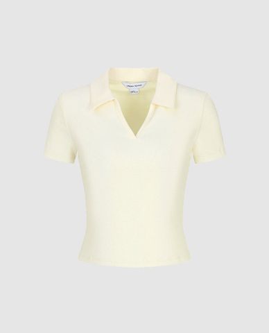  URBAN REVIVO - Áo thun nữ cổ bẻ tay ngắn thanh lịch 