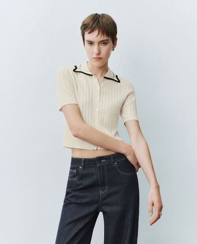  URBAN REVIVO - Áo dệt kim nữ cổ bẻ hiện đại 