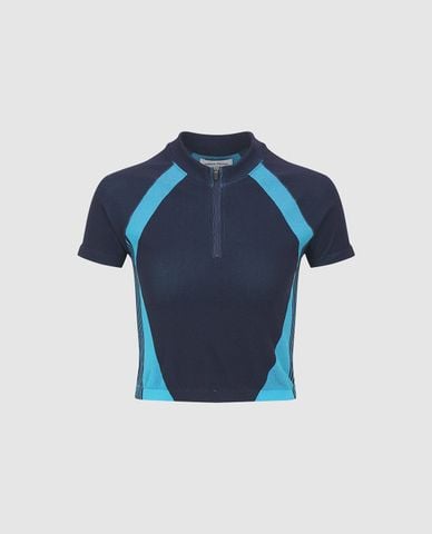  URBAN REVIVO - Áo croptop nữ phom ôm phối khoá zip 