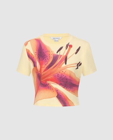  URBAN REVIVO - Áo croptop nữ cổ tròn tay ngắn in hoa 