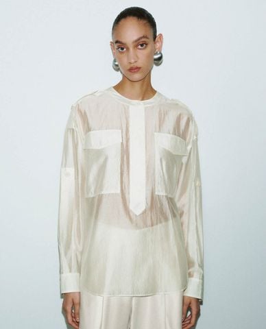  URBAN REVIVO - Áo kiểu nữ cổ tròn xuyên thấu Overhead 