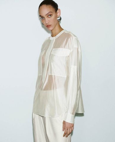  URBAN REVIVO - Áo kiểu nữ cổ tròn xuyên thấu Overhead 