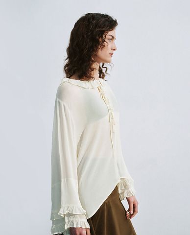  URBAN REVIVO - Áo kiểu nữ tay dài phối tua rua 