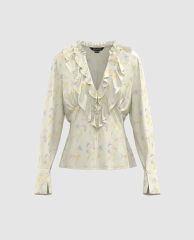  URBAN REVIVO - Áo kiểu nữ hoa nhí tay dài Ruffle 