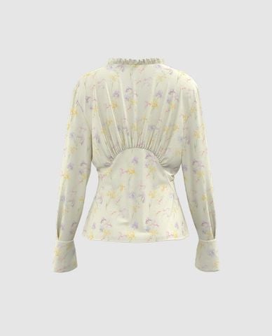  URBAN REVIVO - Áo kiểu nữ hoa nhí tay dài Ruffle 