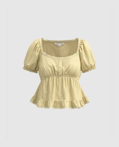  URBAN REVIVO - Áo kiểu nữ cổ vuông tay phồng Ruffle 