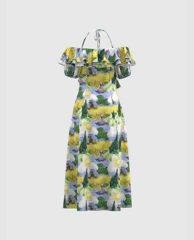  URBAN REVIVO - Đầm trễ vai midi phối bèo nữ tính 