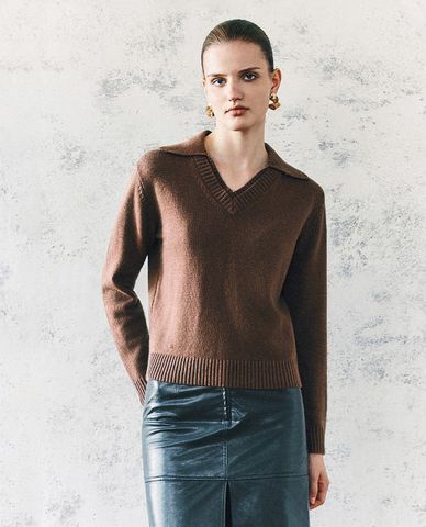  URBAN REVIVO - Áo dệt kim nữ cổ V tay dài Lapel 