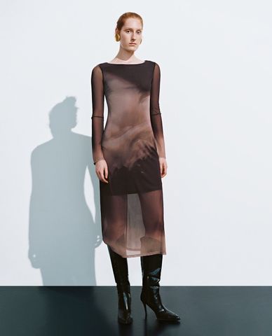  URBAN REVIVO - Đầm midi phom ôm tay dài phối voan Grenadine A-Line 