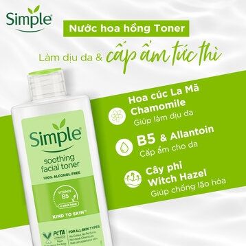 Nước Hoa Hồng Simple Làm Dịu Da & Cấp Ẩm 200ml Kind to Skin Soothing Facial Toner