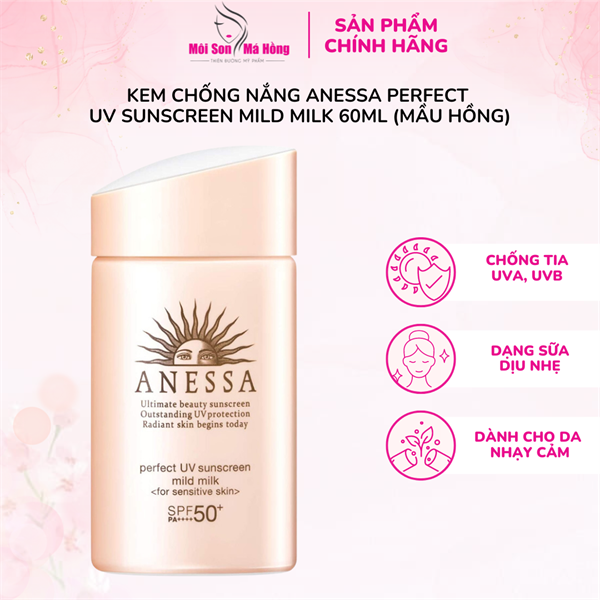 (CÔNG TY) Sữa Chống Nắng Anessa Cho Da Nhạy Cảm & Trẻ Em 60ml (Mới) Perfect UV Sunscreen Mild Milk (For Sensitive Skin) SPF50+/PA++++
