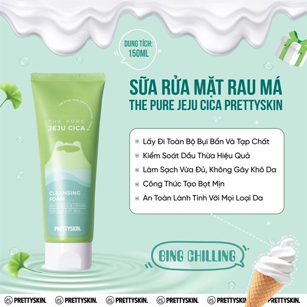 Sữa rửa mặt rau má Pretty Skin The Pure Jeju Cica Cleansing Foam 150ml
