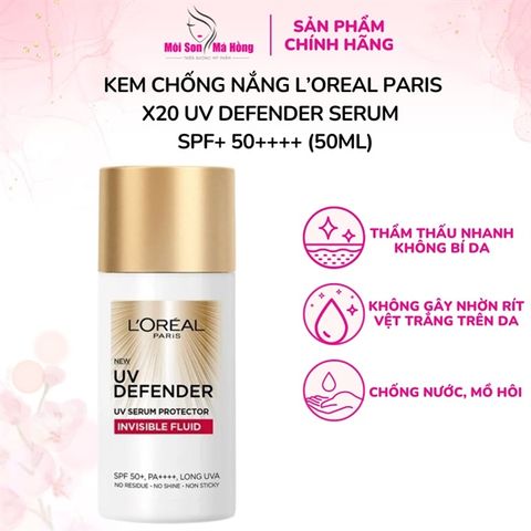 Kem Chống Nắng L'Oreal Paris X20 Thoáng Da Mỏng Nhẹ 50ml UV Defender Serum Invisible Fluid SPF50+ PA++++