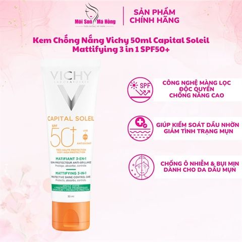 Kem Chống Nắng Vichy Chống Bụi Mịn Cho Da Dầu Mụn 50ml Capital Soleil Mattifying 3 in 1 SPF50+