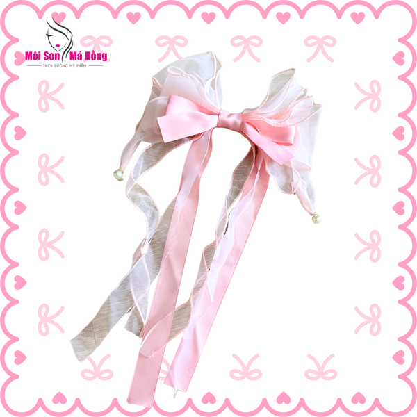 Kẹp tóc nơ tua rua dài đính hạt trai