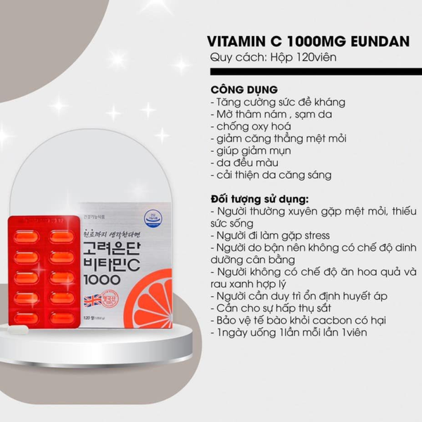 Viên Uống Vitamin C 1000mg Korea Eundan Hàn Quốc Hỗ Trợ Trắng Da 120 Viên