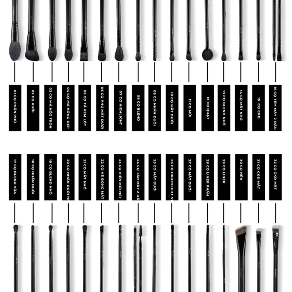 Bộ cọ muas pro 32 cây thân gỗ đen chất lông mền mịn sang chảnh chuyên dùng makeup artist