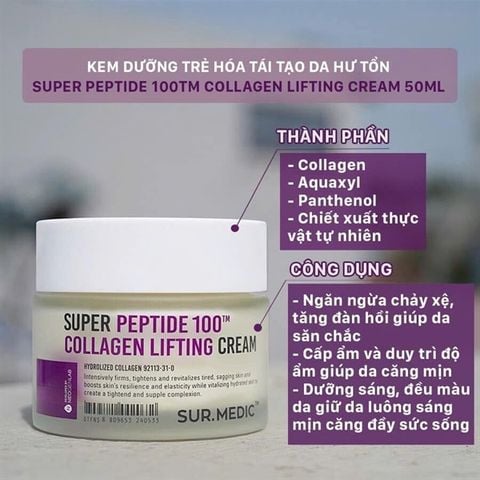 Kem Dưỡng Nâng Cơ, Cải Thiện Độ Đàn Hồi, Căng Mịn Sur.Medic+ Super Peptide 100 Collagen Lifting Cream 50ml
