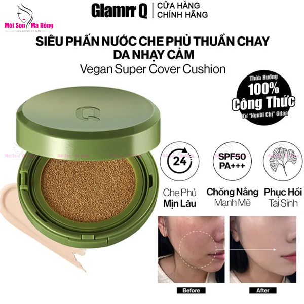 (CÔNG TY) Phấn Nước Kiềm Dầu, Che Phủ Cao GLAMRR Q Vegan Super Cover Cushion SPF50+/PA+++
