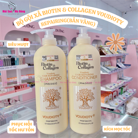 Bộ dầu gội xả siêu mềm mượt Biotin Collagen Voudioty Hair Repairing Vàng 1000ml