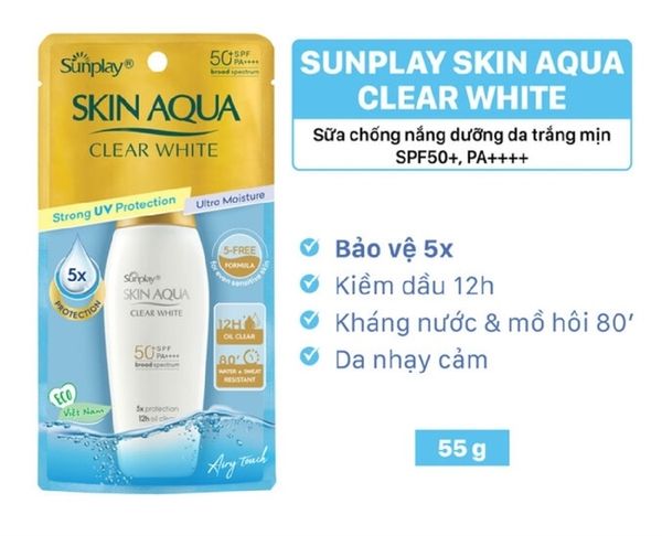 (1 Tặng 1) Sữa chống nắng dưỡng da trắng mịn Sunplay Skin Aqua Clear White SPF50+ 55g và tẩy trang