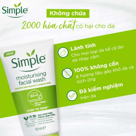 SIMPLE Sữa Rửa Mặt Simple Dưỡng Ẩm Cho Da Khỏe Và Mịn Màng 150ml TUÝP TRẮNG