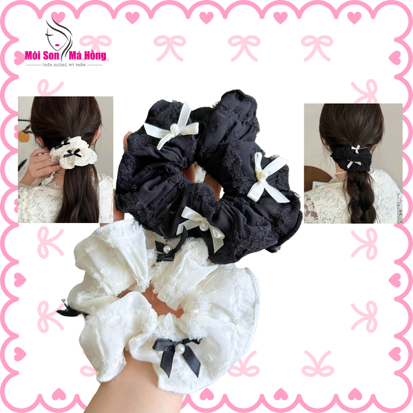 Cột tóc lưới ren đính nơ và ngọc trai nhỏ