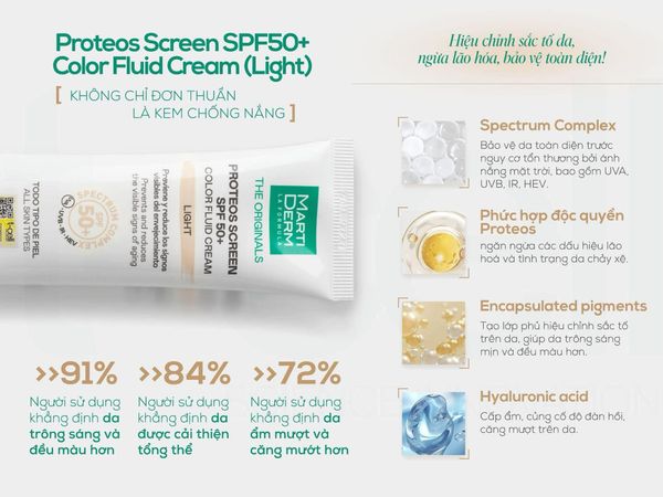 Kem Chống Nắng Phổ Rộng Làm Đều Màu Da, chống nám - MartiDerm The Originals Proteos Screen SPF50+ Color Fluid Cream 40ml #Light
